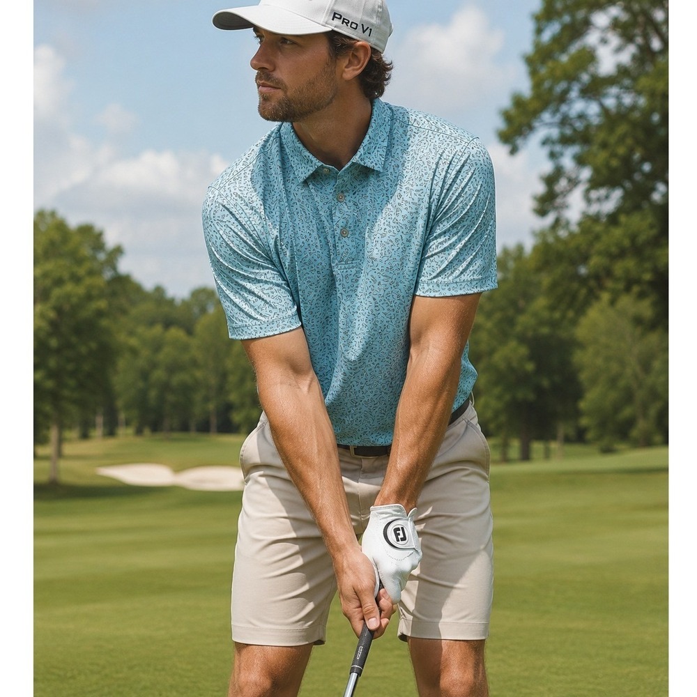 PGA TOUR Pro Series Golf Polo Shirt Men's Medium Aqua Golf Novelty Print